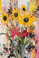 Schilderij van vier zonnebloemen boven rode bloemen op abstracte kleurrijke achtergrond