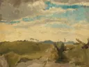View in the Dunes near Dekkersduin, The Hague van George Hendrik Breitner: landschap met duinen, zand, wolken en horizon, in gedempt zand en blauw