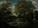 View in the Woods van Jan van der Heyden: landschap met bos, bomen, donker en doorkijk, in donkergroen en bruin