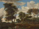 View of a village van Salomon van Ruysdael: landschap met dorp, bomen, water en vee, in gedempt groen en blauw