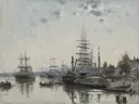 View of Bordeaux, from the Quai des Chartrons van Eugene Boudin: zee met haven, schepen, kade en water, in gedempt grijsblauw