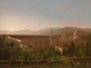 View of Florence van Thomas Cole: stad met stad, koepel, rivier en heuvels, in warm goud en blauw