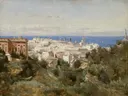 View of Genoa van Jean-Baptiste-Camille Corot: stad met stad, huizen, zee en haven, in licht oker en blauw