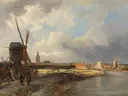 View of The Hague van Cornelis Springer: stad met stadsgezicht, molen, water en wolken, in warm okerbruin met grijs