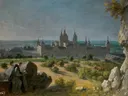 View of the Monastery of San Lorenzo del Escorial van Michel Ange Houasse: landschap met klooster, verte, weg en struiken, in zacht blauw en groen