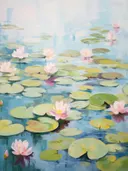 Roze waterlelies op blauwgroen vijverwater tussen lelieblaadjes.