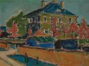 Villa in Dresden van Ernst Ludwig Kirchner: stad met villa, huis, tuin en water, in blauw, groen en rood