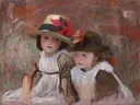Village Children van John Singer Sargent: portret met kinderen, meisjes, strohoed en zusjes, in warm rood en wit