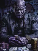 Pop-art schilderij van een paarse superschurk aan een tafel met pokerfiches en geld