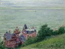 Villas at Trouville van Gustave Caillebotte: landschap met villa's, gras, kust en huizen, in groen en gedempt blauw