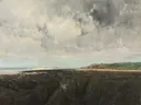 Villerville Seen from Le Ratier van Charles-Francois Daubigny: zee met kust, wolken, zee en vlakte, in gedempt grijs