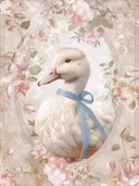 Illustratie van een eend met strikje tussen vintage rozen, kinderkamer schilderij