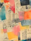 Mixed-media collage schilderij met krantenpapier en kleurvlakken in rood, roze, oranje en blauw