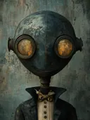Schilderij van een bolvormige, verweerde robotkop met gloeiende ogen, gekleed in een zwart pak met strikje