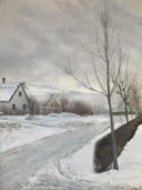 Vinterdag van Laurits Andersen Ring: landschap met sneeuw, winter, weg en kale bomen, in wit en gedempt grijs