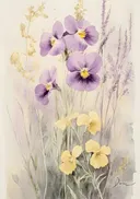 Violen en gele bloemen met lavendel, botanisch schilderij
