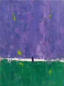 Abstract schilderij met het paletmes in violet en smaragd