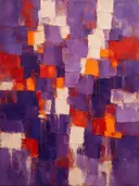 Abstract schilderij met het paletmes in violet en vermiljoen