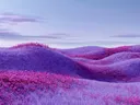 Violet getinte glooiende heuvels met roze bloemen onder een pastelkleurige lucht.