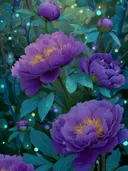 Schilderij van violette pioenrozen in een woud met zwevende lichtjes