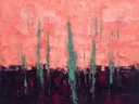 Abstract landschap in violetzwart en koraalroze