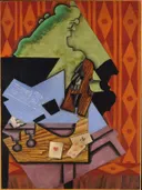 Violin and Playing Cards on a Table van Juan Gris: stilleven met viool, speelkaarten, tafel en muziek, in rood, groen en blauw