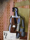 Violin van Juan Gris: stilleven met viool, muziek, glas en kubisme, in zacht roze en blauw
