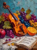 Stilleven schilderij van een viool met fruit op een turquoise achtergrond