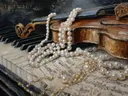 Schilderij van een viool met parelketting op een piano