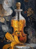 Surrealistisch schilderij van een viool die versmelt met een parfumfles