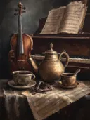 Stillevenschilderij van een viool en theepot bij een piano met notenbladen