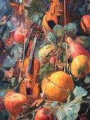 Stilleven schilderij van een viool tussen herfstfruit