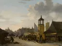 Vismarkt van Egbert van der Poel: stad met markt, toren, kramen en mensen, in gedempt grijsbruin