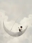 Jongen die vist zittend op een wassende maan