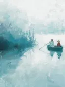 Schilderij van een visser in een bootje op een mistig meer