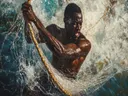 Man trekt aan een touw in woest water