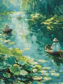 Schilderij van een visser tussen waterlelies