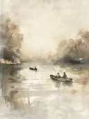 Schilderij van vissers in bootjes op een mistig meer