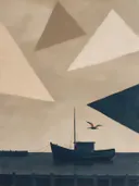 Schilderij van vissersboot in kalkwit en zeeblauw