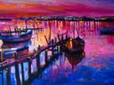 Panoramisch schilderij van een vissershaven bij zonsondergang