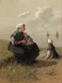 Vissersvrouw met kinderen op een duin van David Adolph Constanz Artz: figuren