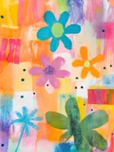 Pop-art stijl schilderij met blauwe, paarse en oranje bloemen en stippen