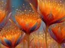 Schilderij van vlammende oranje bloemen met gouden vonken