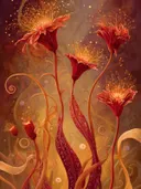 Schilderij van vlammende, sierlijke fantasiebloemen