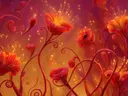 Schilderij van vuurrode fantasiebloemen met gouden vonken tegen een gloeiende achtergrond