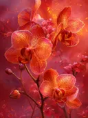 Schilderij van oranjegele orchideeen tegen een vurige rode achtergrond