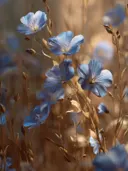 Schilderij van blauwe vlasbloemen in een gouden veld