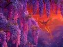 Schilderij van een feniks die in de verte vliegt boven blauweregen bloemen