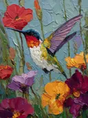 Schilderij van een vliegende kolibrie tussen bloemen