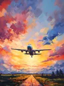 Schilderij van een vliegtuig bij zonsondergang